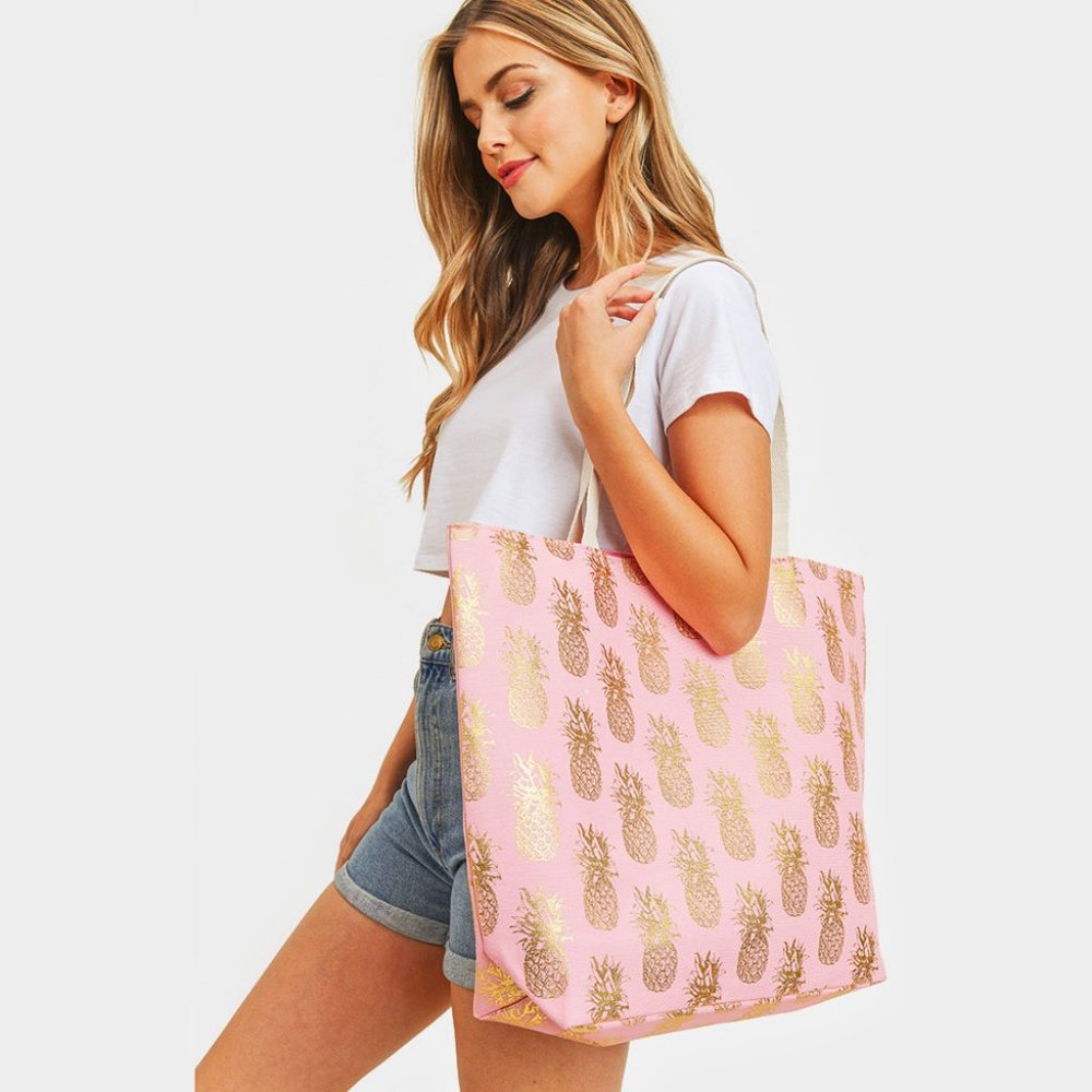 Metallic Pineapple Patterned Beach Tote Bag